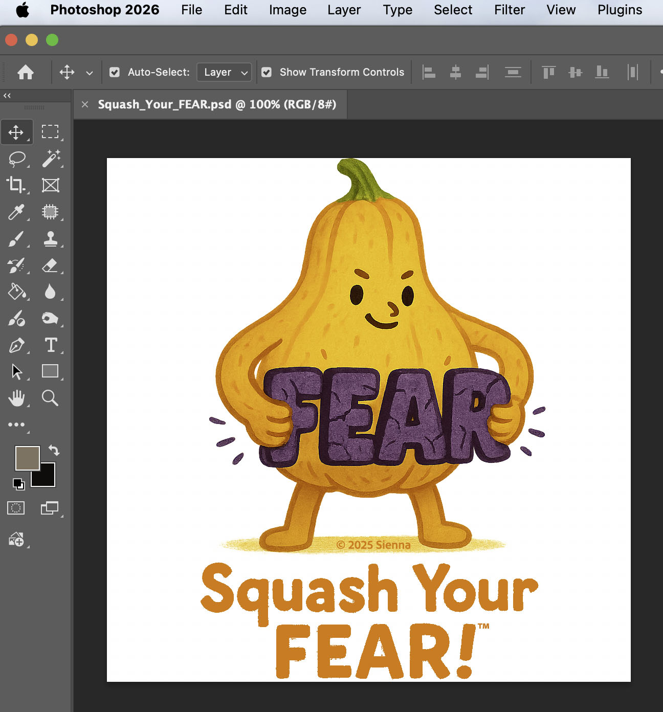 Adobe Photoshop screenshot showing a cheerful squash character holding the word FEAR and the Squash Your Fear slogan.