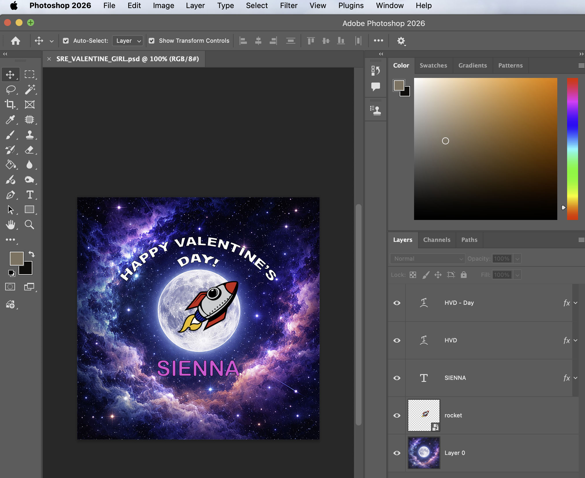 Adobe Photoshop screenshot showing a Valentine design with a rocket, moon, starry background, and personalized lettering.