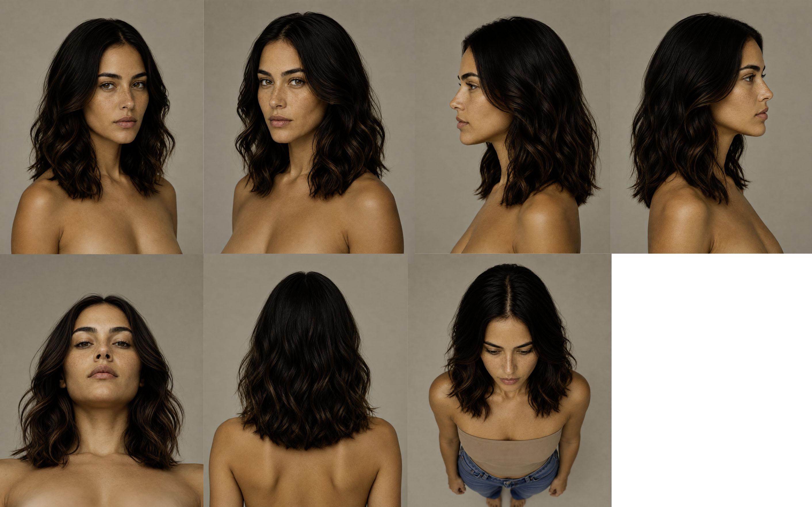 Seven-view reference panel showing the same dark-haired character from different facial angles, including profile, rear, and elevated perspectives.