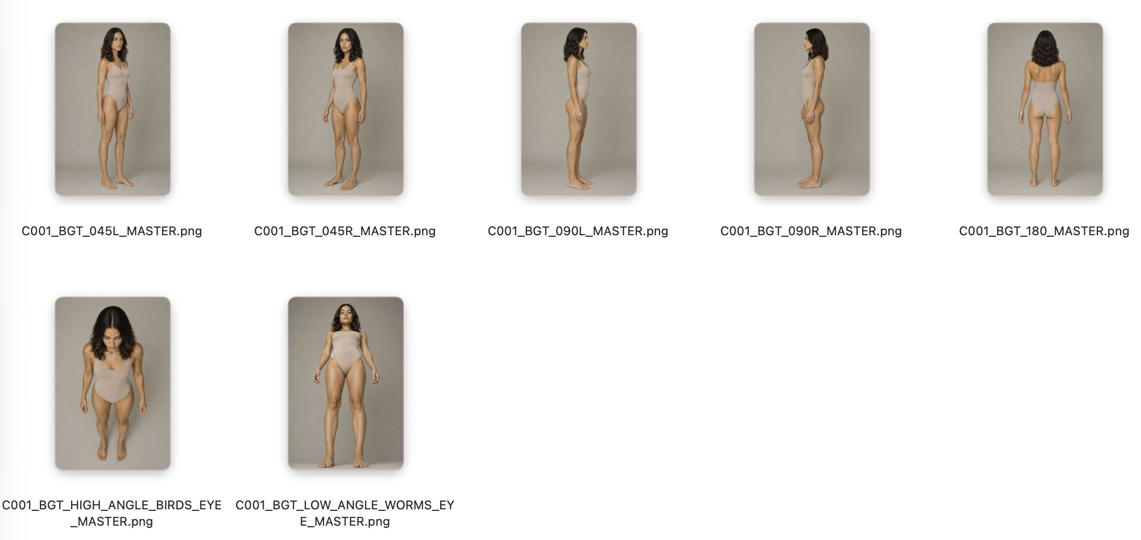 A full-body character turnaround panel with front three-quarter, side, rear, overhead, and low-angle reference images.