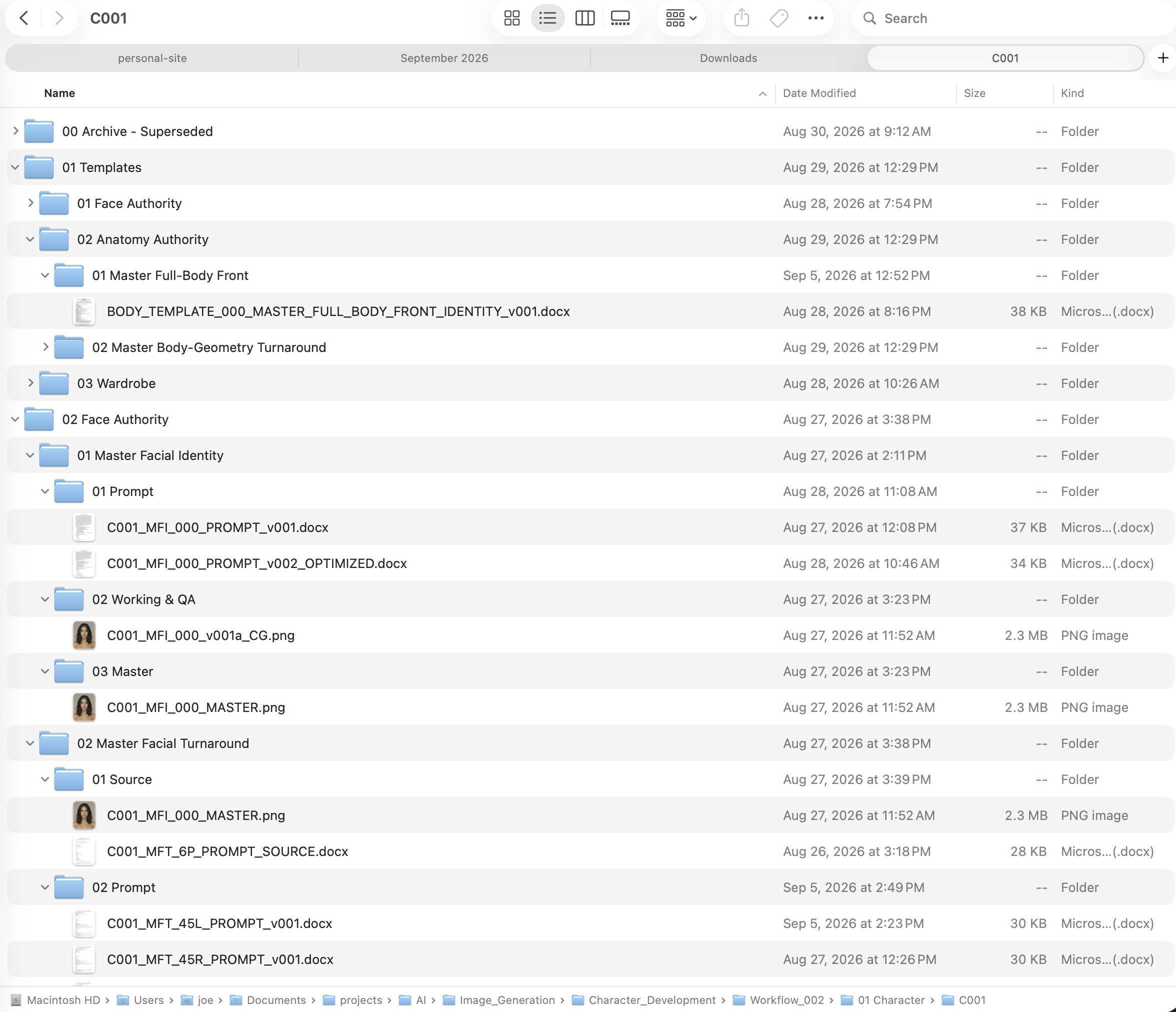 Finder folder structure showing character templates, master facial identity references, prompt versions, and working quality-assurance files.