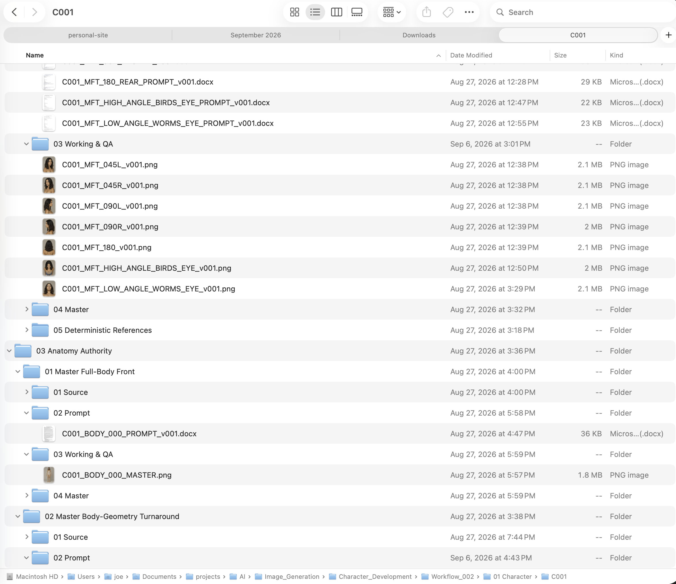 Finder folder structure listing facial turnaround angles, working and QA images, master references, and body-anatomy folders.