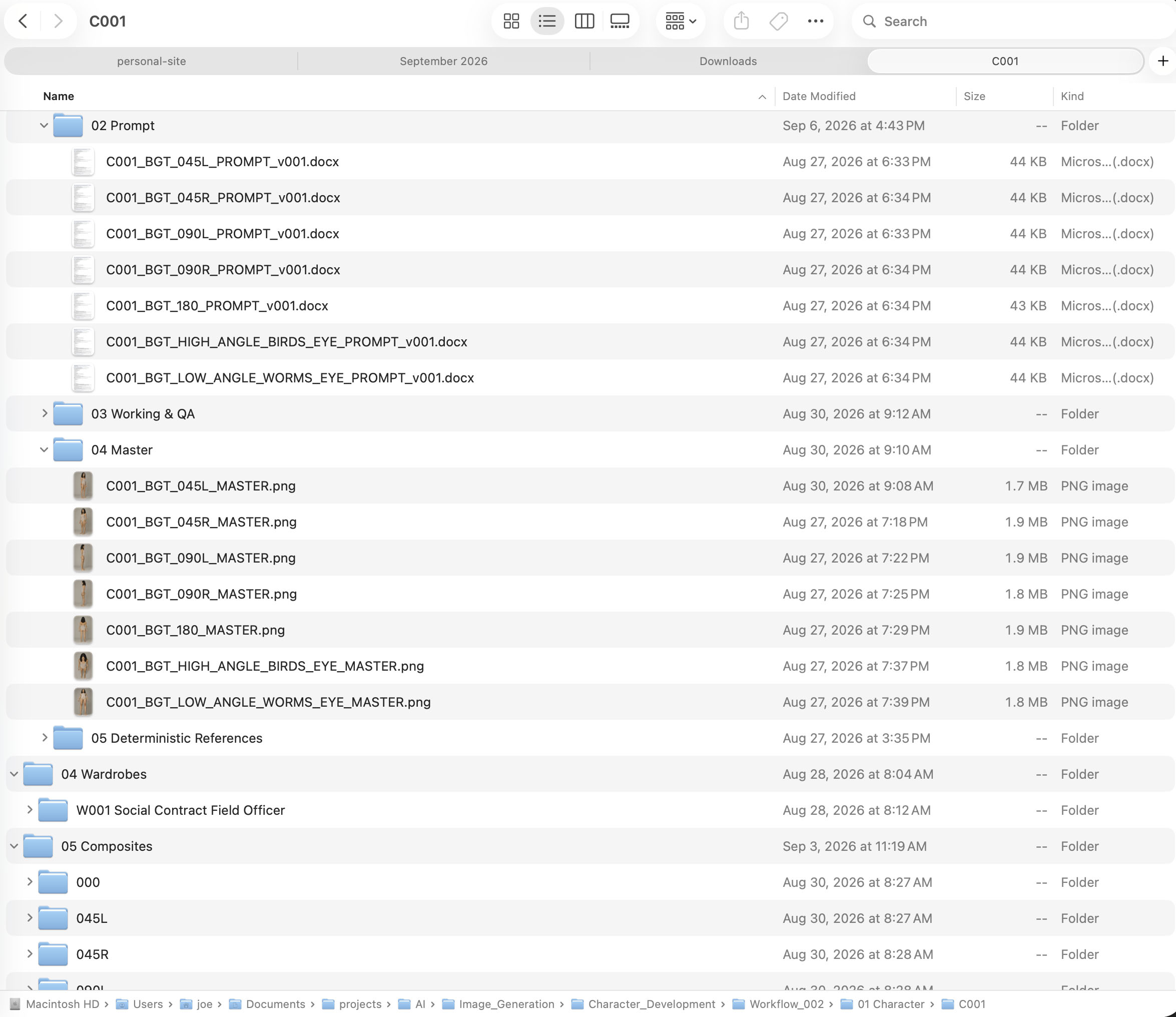 Finder folder structure showing body-turnaround prompts, multiple camera-angle masters, wardrobe references, and composite folders.